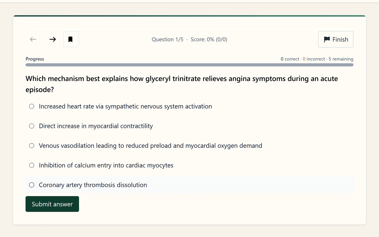 Actual SimpleMed+ quiz interface showing a medical single best answer session
