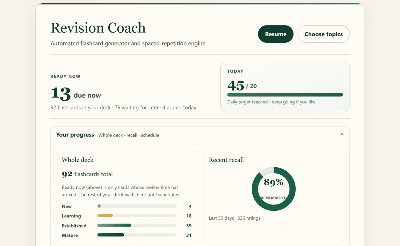 Actual SimpleMed+ Revision Coach interface showing a generated review card